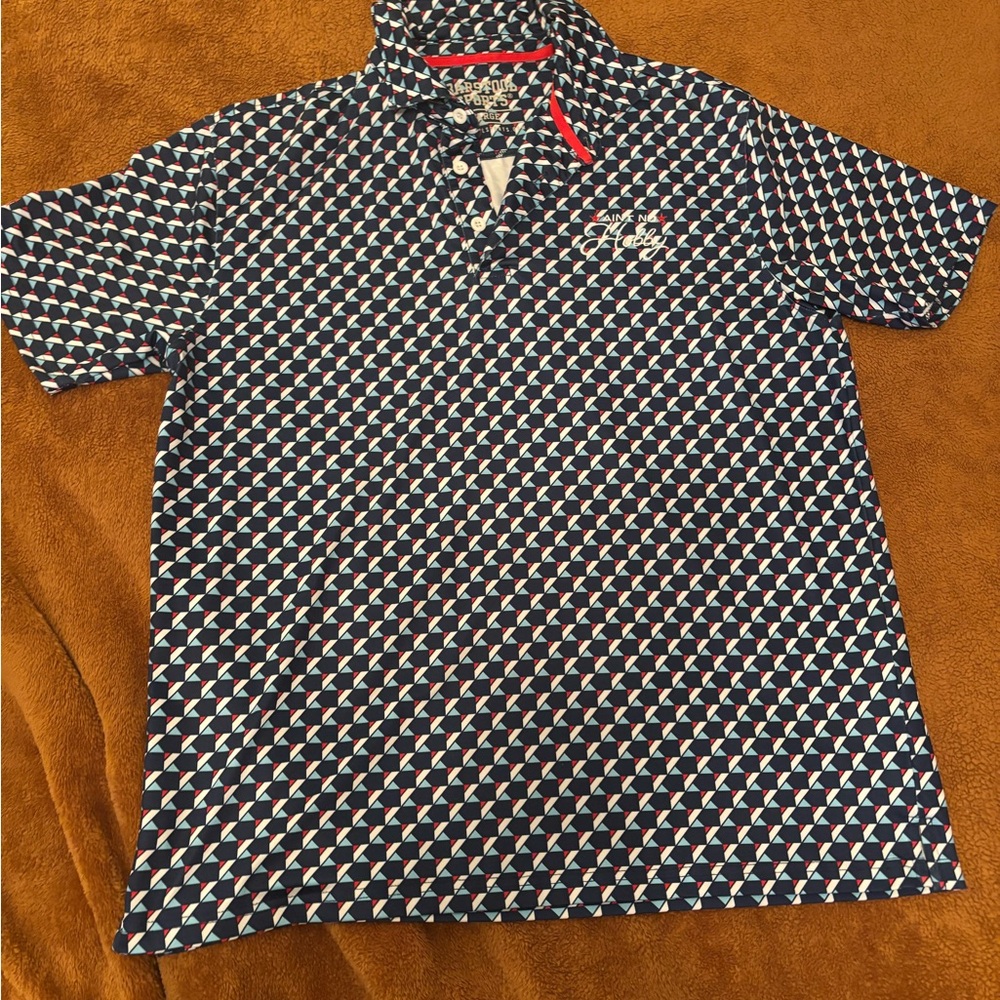 Barstool Sports Navy Geometric Print Polo with White & Red Accents